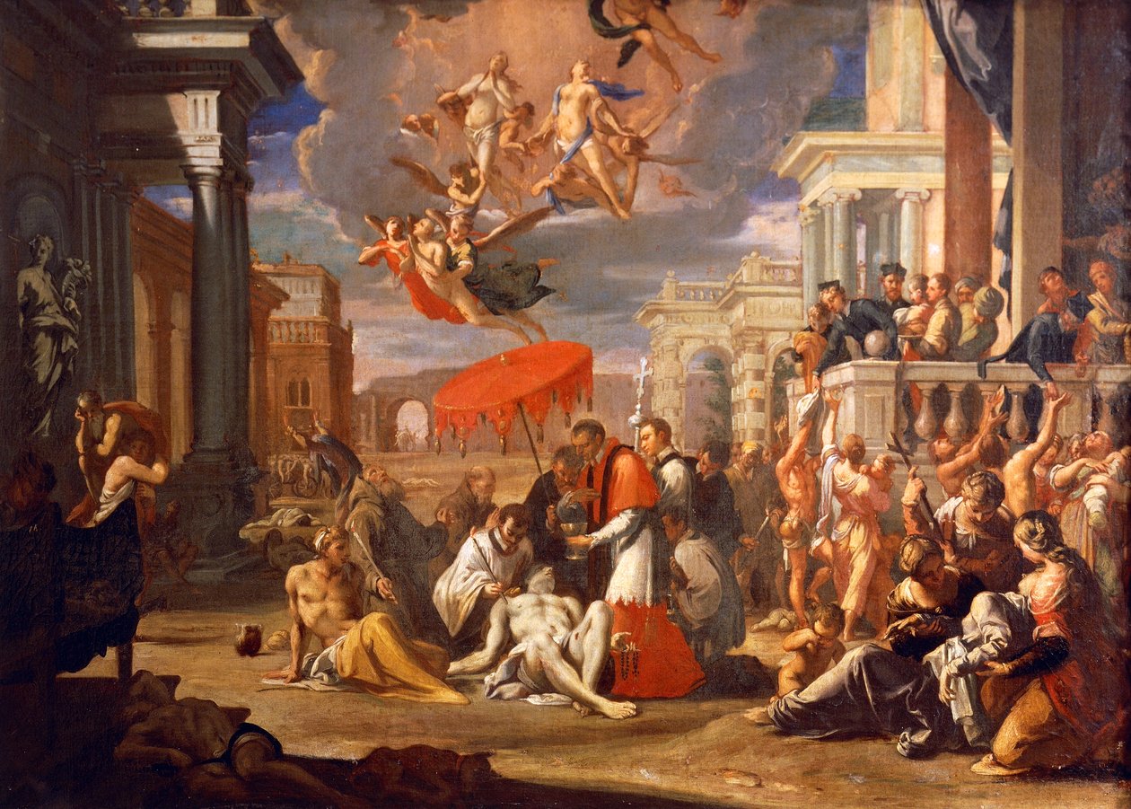 St. Charles Borromero jakavassa ehtoollisen ruton uhreille vuonna 1576, Sigismund Caula (1637-1713), öljy kankaalle, 97x147 cm tekijältä Sigismondo Caula