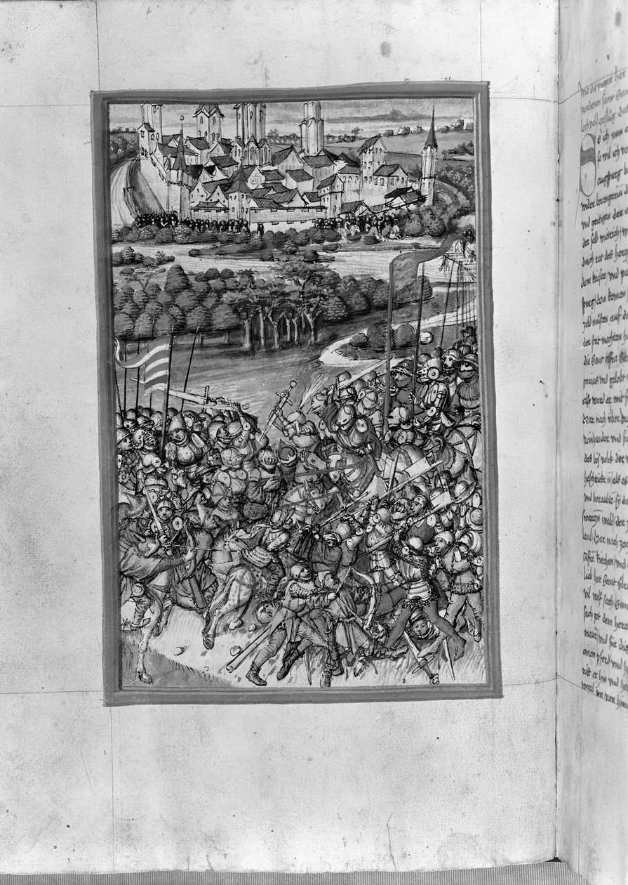 HB V 52 fol. 70v kuva Lechfeldin taistelusta Augsburgin kronikasta, 1457 tekijältä Sigismund Meisterlin