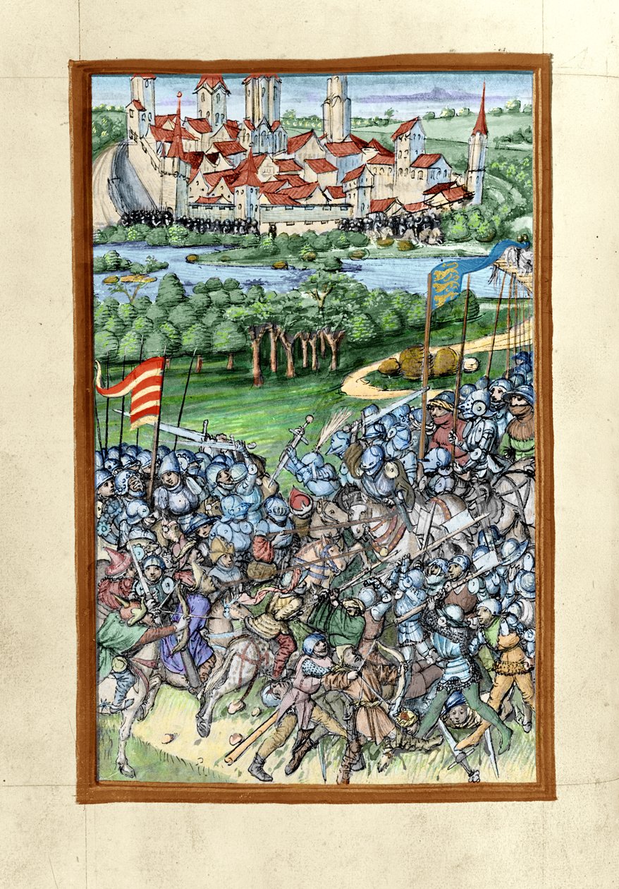 HB V 52 fol. 70v kuva Lechfeldin taistelusta, Augsburgin kronikasta, 1457 (värillinen versio numerosta 293598) tekijältä Sigismund Meisterlin