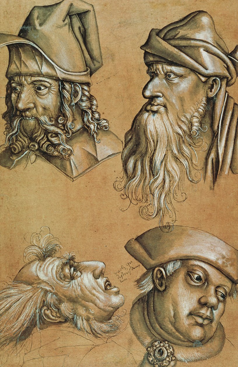 Four Heads for a Passion -sarjan tutkimukset (kynä ja muste, pesu ja vartaloväri paperilla) tekijältä Sigmund Holbein