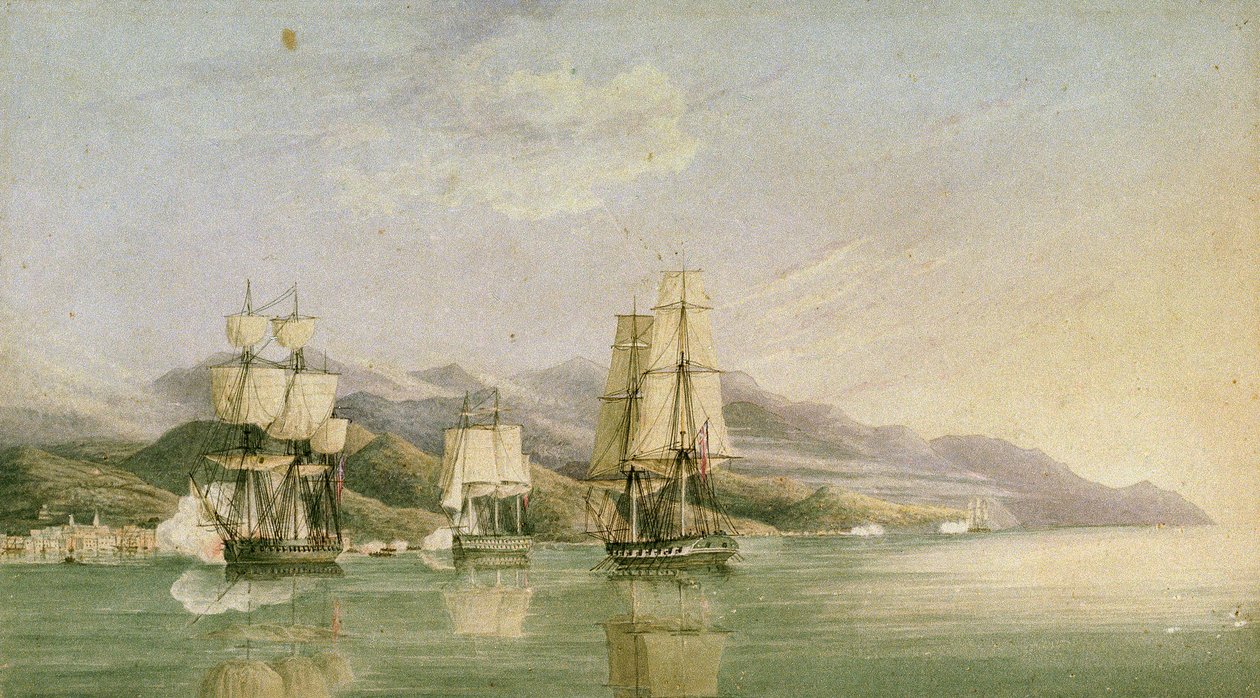 Hyökkäys kahdeksantoista ranskalaisen kauppa-aluksen saattueeseen Laigrelian ja Alassion kohdalla 27. kesäkuuta 1812, 1800-luvun alku (tussi, tussi, grafiitti, akvarelli). tekijältä Silas Thomson (attr.to) Hood