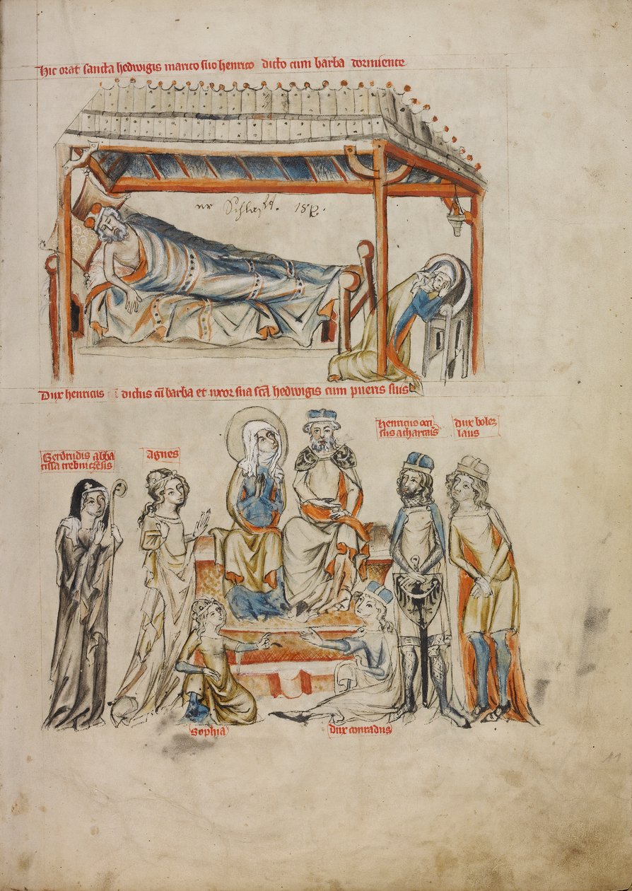 Heinrich Sleeping ja Saint Hedwig rukoilee; Heinrich ja Saint Hedwig lasten kanssa, 1353 (Tempera-värit, värilliset pesut ja muste pergamentille) tekijältä Silesian School Silesian School