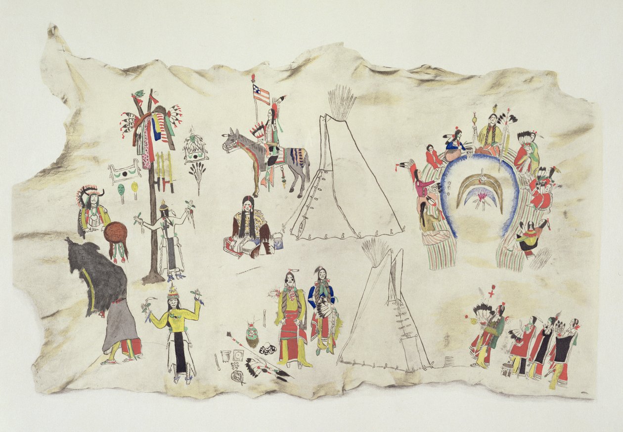 Shoshone Sun Dance ja Peyote Cult (pigmentti hirvennahalla) tekijältä Silver Horn