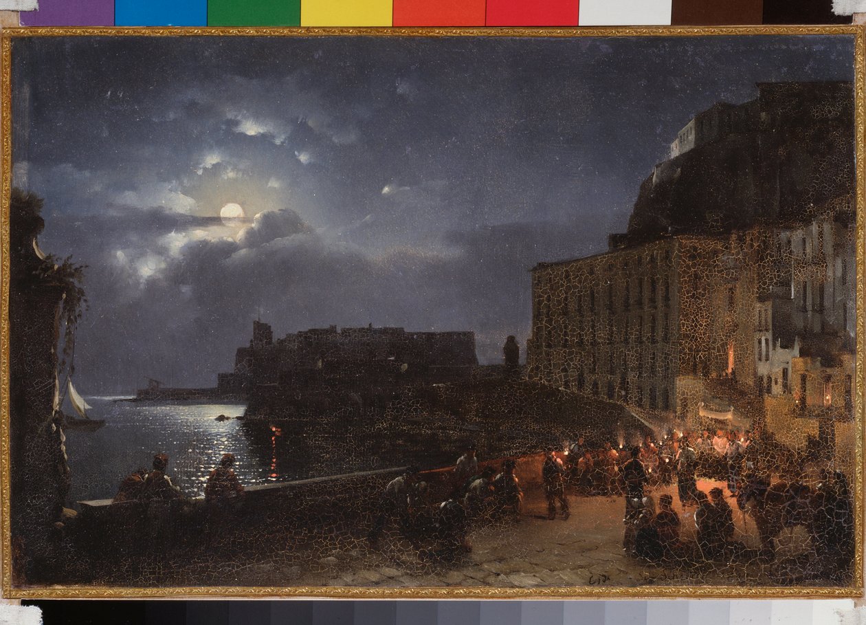 Santa Lucian laituri Napolissa (Italia), täysikuun yönä. Sylvester Feodosiyevich Shchedrin (Sylvester Shchedrin) (1791-1830) maalaus öljy kankaalle tekijältä Silvestr Fedosievich Shchedrin