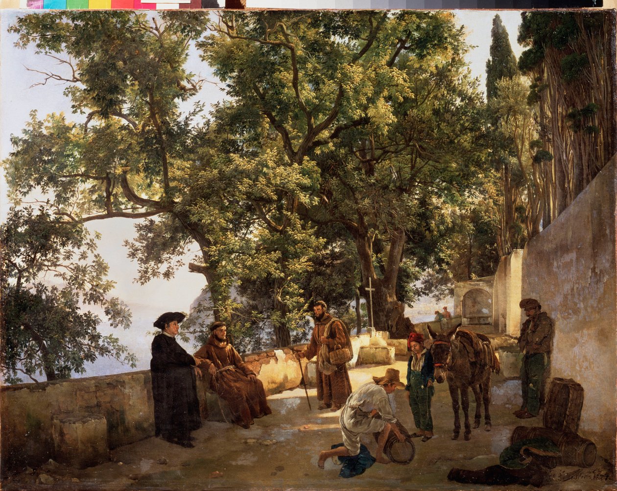 Terassi rannalla, lähellä Sorrentoa (Sorrento, Italia) (Kapusiinimunkit keskustelemassa ja mies lastaamassa aasitaan pienillä tynnyreillä) - Terassi meren rannalla, Cappuccini lähellä Sorrentoa - Sylvester Feodosiyevich Shchedrinin (Sylv) maalaus tekijältä Silvestr Fedosievich Shchedrin