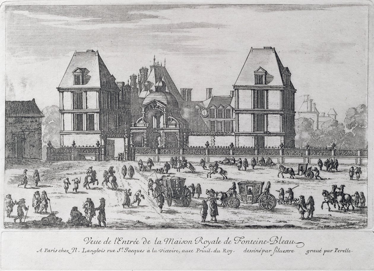 Fontainebleaun kuninkaallisen palatsin sisäänkäynti, kaiverrus Nicolas (1631-c.93) tai Adam (1638-95) Perelle, pub. Kirjailija: Nicholas Langlois tekijältä Silvestre