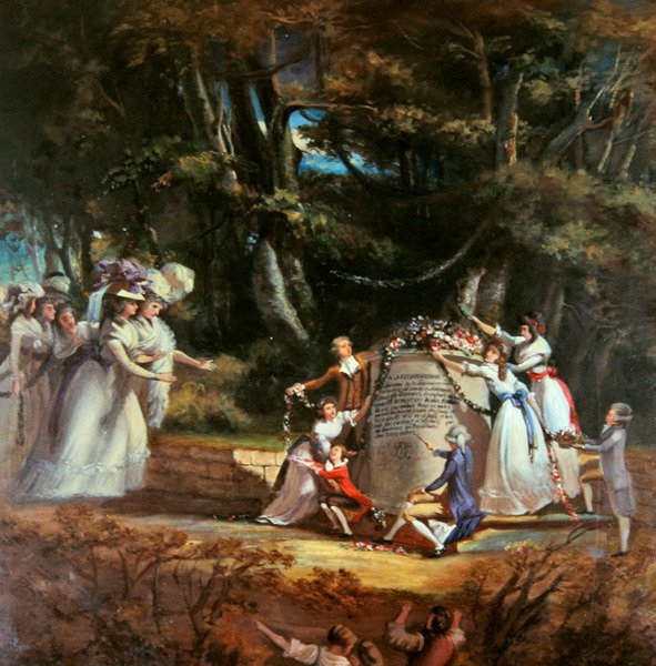Orleansin herttuattaren lapset tervehtimässä äitiään muistomerkillä, jonka he pystyttivät hänen terveytensä palautumisen muistoksi vierailulla Spassa vuonna 1787 (öljy kankaalle) tekijältä Silvestre Mirys