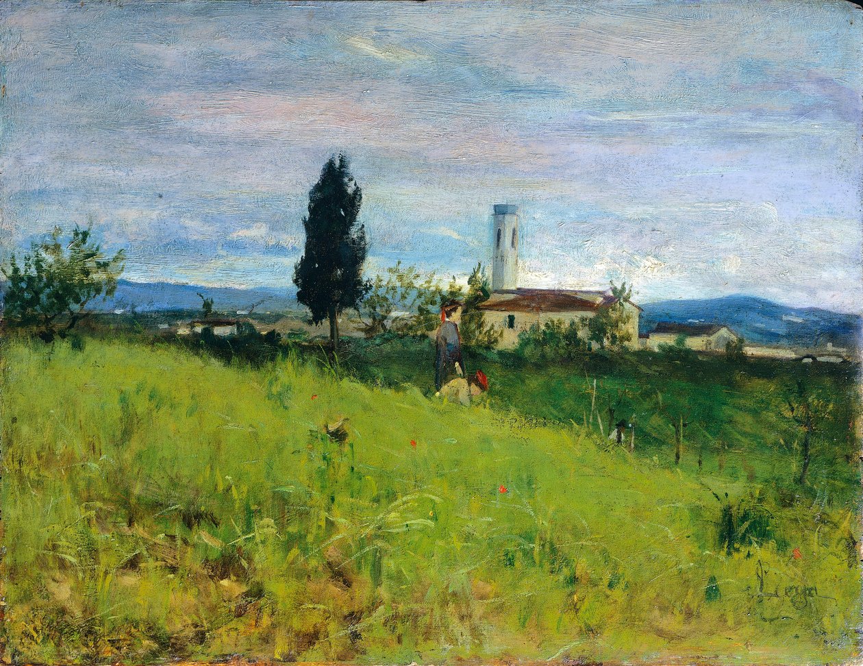 Kirkko maaseudulla, kirjoittanut Silvestro Lega (1826-1895), öljy paneelille, 29x38 cm tekijältä Silvestro Lega