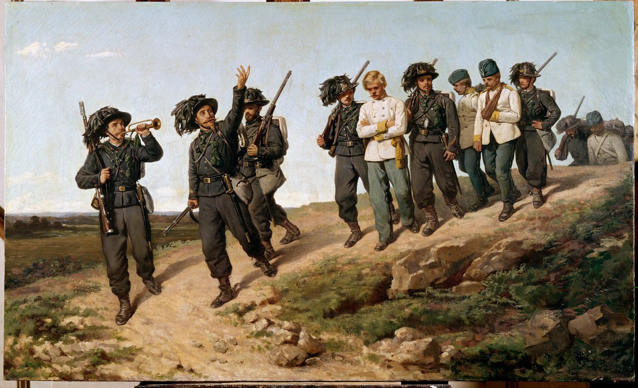 Jakso Italian kampanjasta vuonna 1859: "" Itävallan sotavankeja bersaglierien (bersaglieri) ympäröimänä"" Silvestro Legan (1826-1895) maalaus 1861 Su. 57,5 x 95 cm Firenze, Galleria d