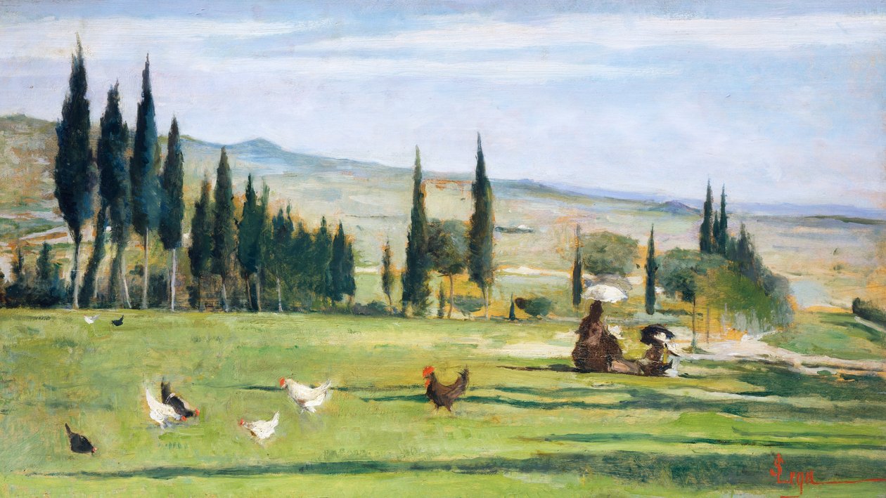 Gabbro Landscape, kirjoittanut Silvestro Lega (1826-1895), öljy kankaalle, 34,5x61 cm. tekijältä Silvestro Lega