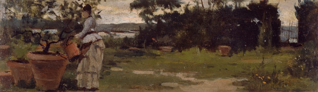 Garden at Bellariva, noin 1884, kirjoittanut Silvestro Lega (1826-1895), öljy paneelille, 7x23,5 cm tekijältä Silvestro Lega