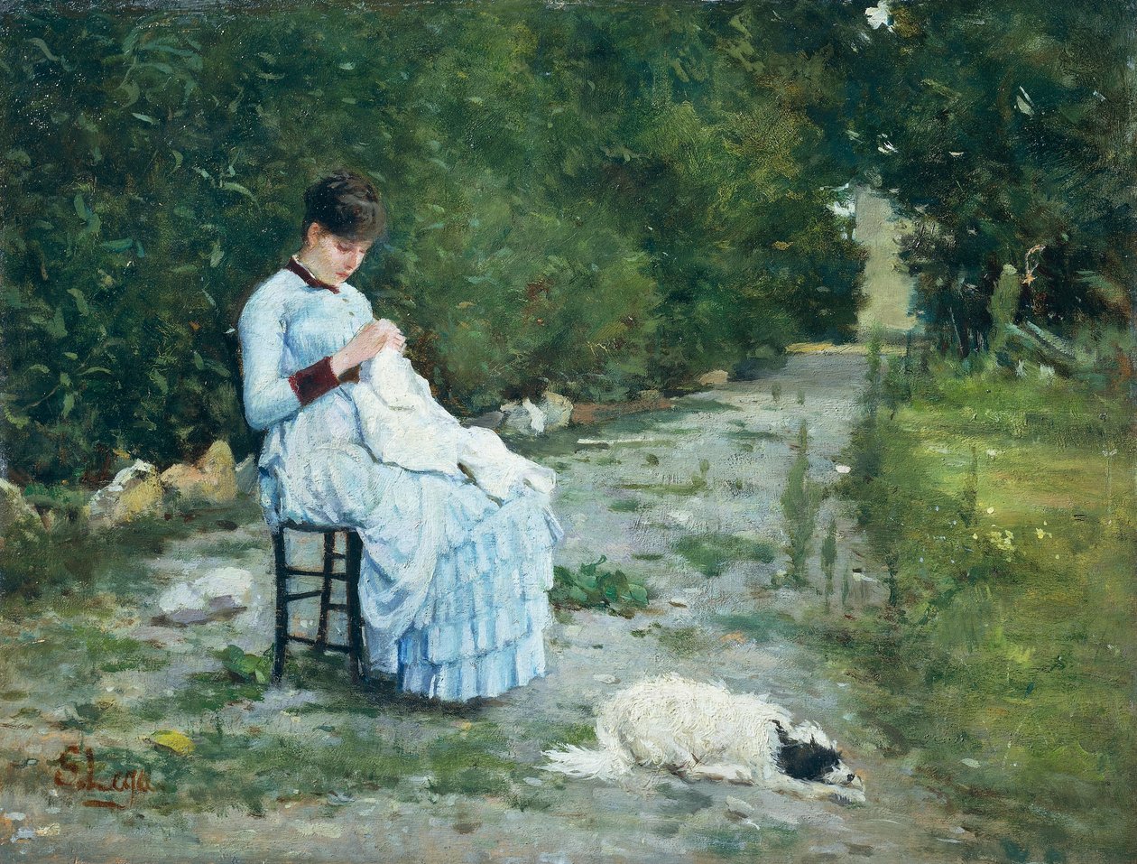 Puutarhassa, kirjoittaja Silvestro Lega (1826-1895), öljy paneelille, 29x38 cm tekijältä Silvestro Lega