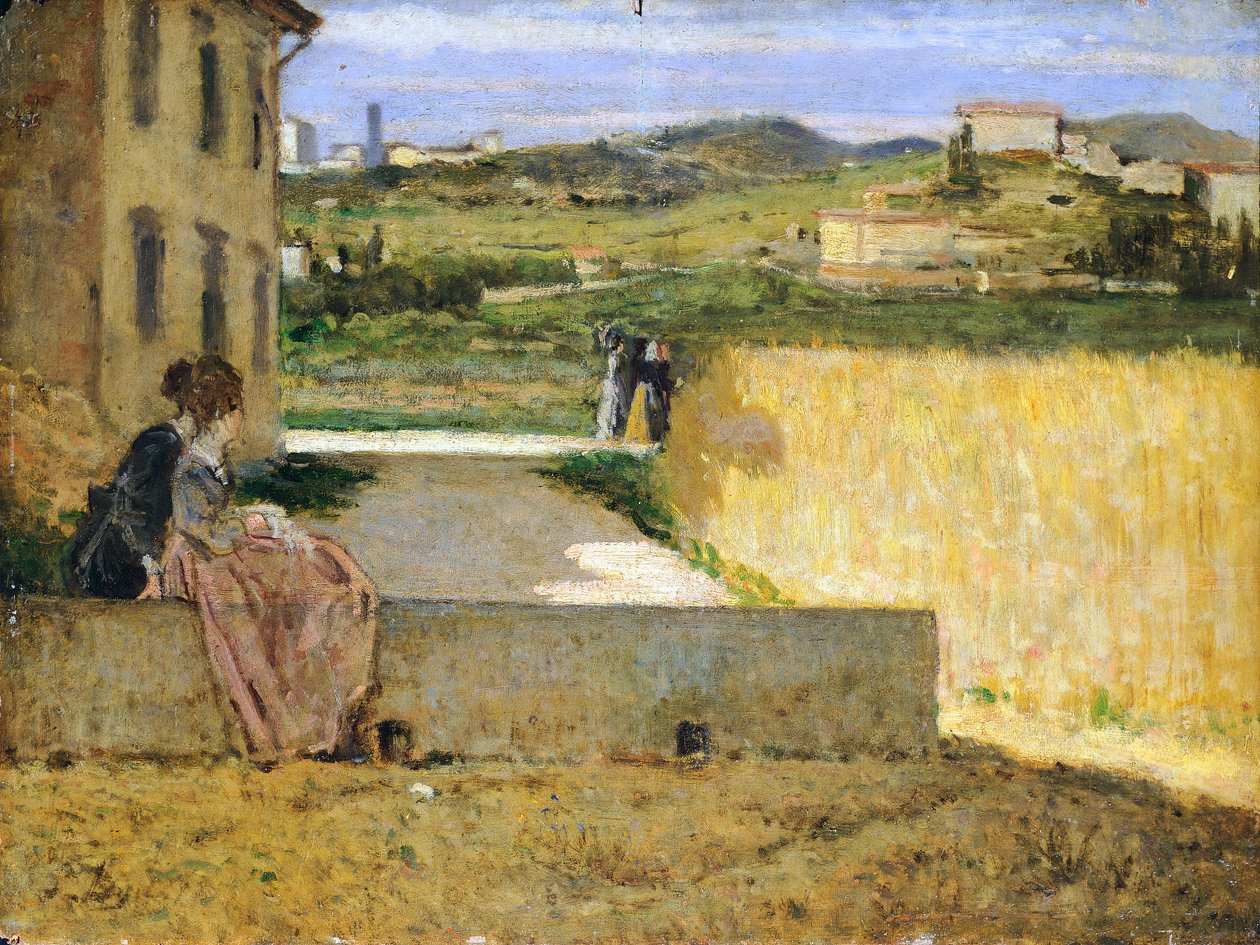 Huvilan varjossa, kirjoittanut Silvestro Lega (1826-1895), öljy paneelille, 34x46 cm tekijältä Silvestro Lega