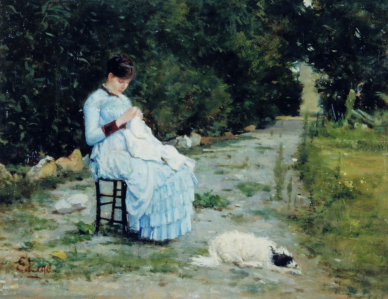 Puutarhassa, noin 1883 (öljy kartongille) tekijältä Silvestro Lega