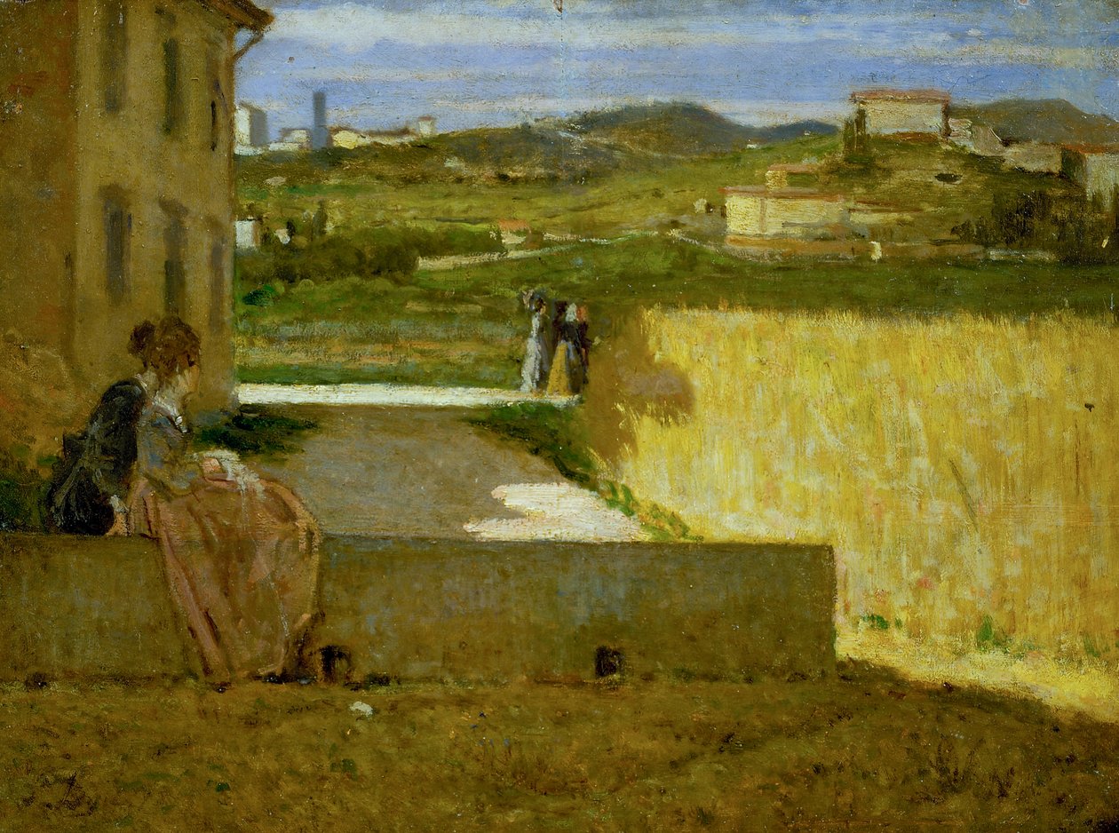 Huvilan varjossa, noin 1872-73 (öljy kartongille). tekijältä Silvestro Lega