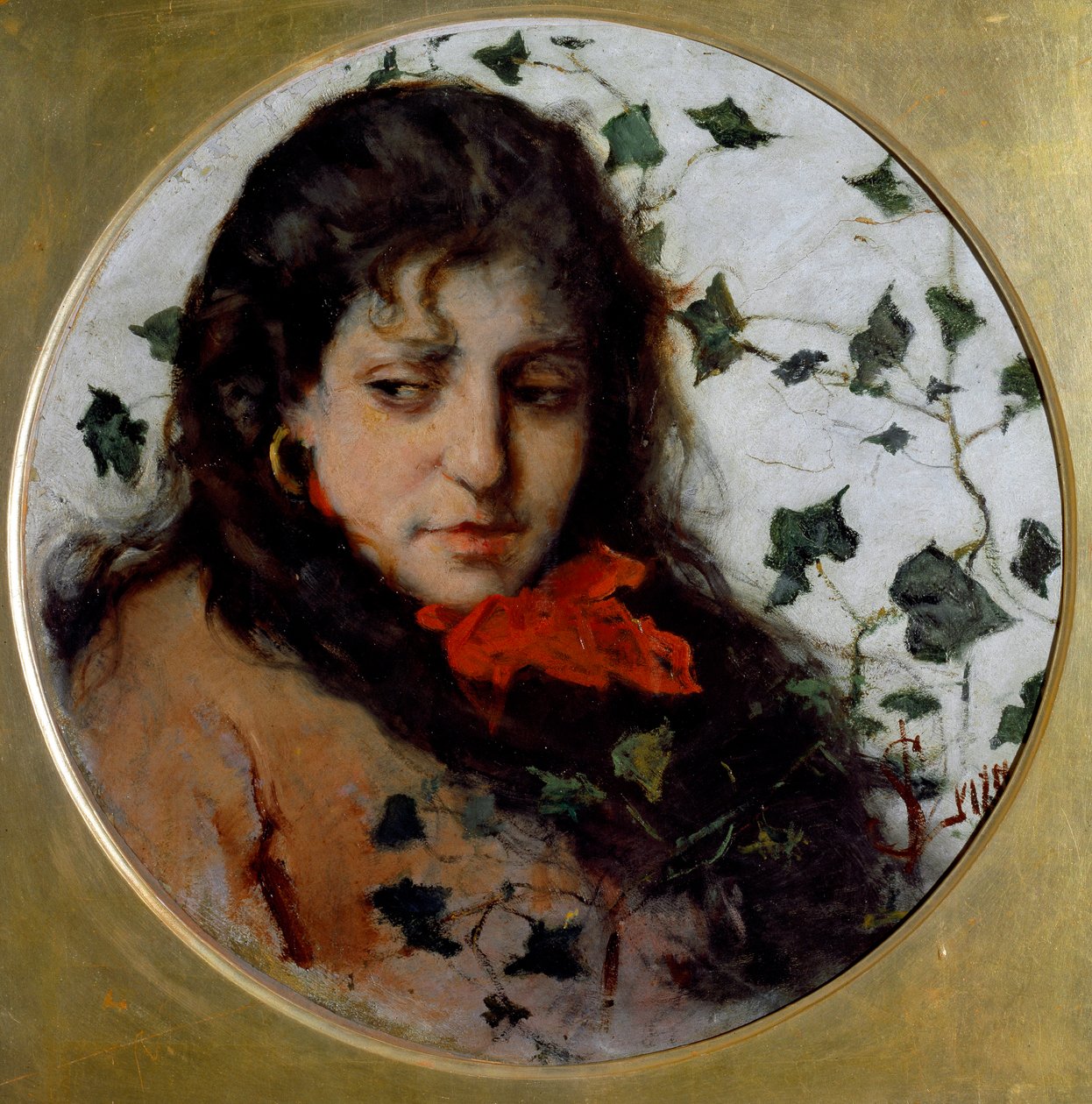Ivy (Edera) Nuoren naisen muotokuva, melankolinen ilme, kasvot murattilehtien ympäröimä - (Ivy) Silvestro Legan maalaus (1826-1895) Genes, Galleria d