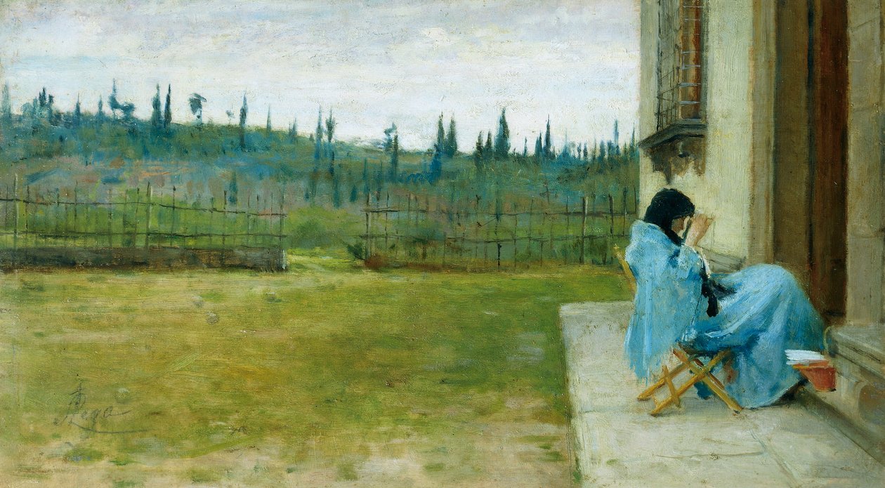 Nainen työssä, kirjoittaja Silvestro Lega (1826-1895), öljy kankaalle, 22x40 cm tekijältä Silvestro Lega