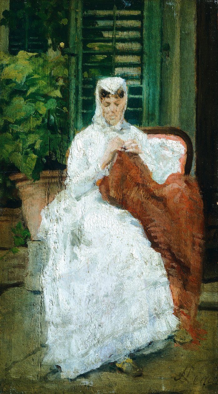 Naisten ompelu, Silvestro Lega (1826-1895), öljy paneelille, 27,5x15,5 cm tekijältä Silvestro Lega