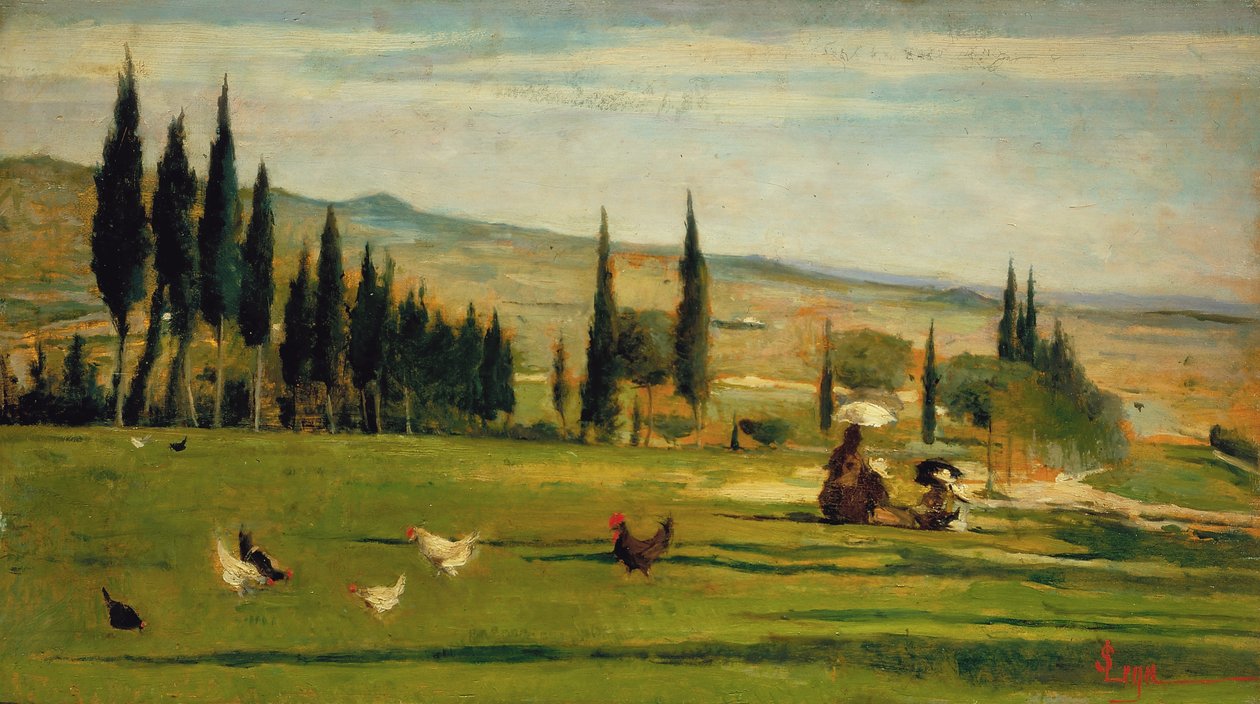 Maisema Gabbron kaupungin ympärillä, noin 1889-90 (öljy kartongille). tekijältä Silvestro Lega