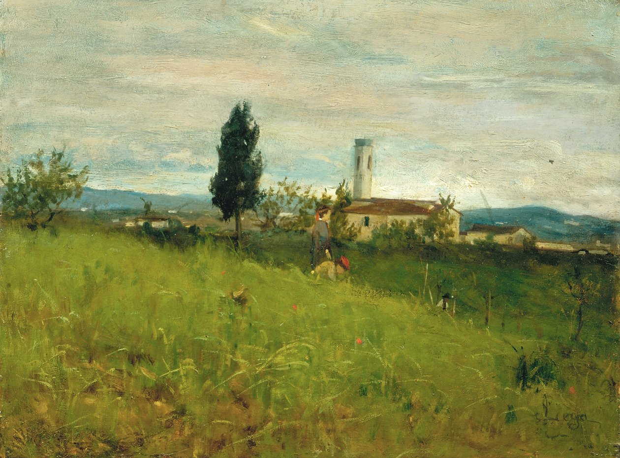 Pieni kirkko maaseudulla, noin 1877 (öljy kartongille). tekijältä Silvestro Lega