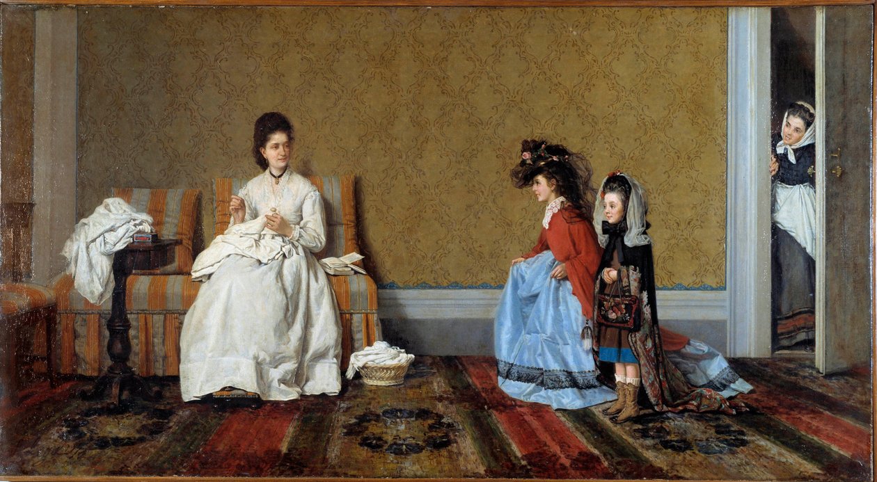Pienet tytöt leikkivät isoja naisia Kaksi sisarta naamioituu äitinsä vaatteisiin. Silvestro Legan (1826-1895) maalaus 1872 Yksityinen kokoelma tekijältä Silvestro Lega