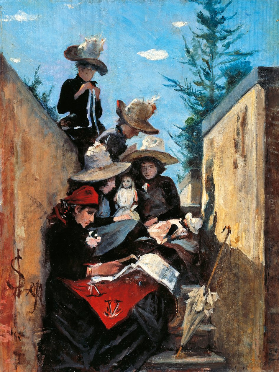 Rouva Clementina Fiorini tyttäriensä kanssa Poggio Pianossa. tekijältä Silvestro Lega