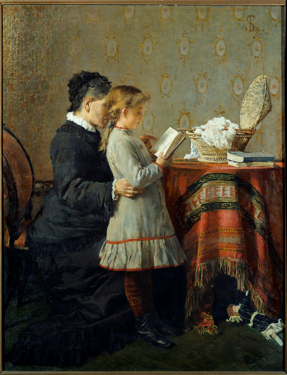 Lukutunti. Sairaanhoitaja oppii lukemaan pikkutyttöä. Silvestro Legan maalaus (1826-1895) Ec. Ital tekijältä Silvestro Lega