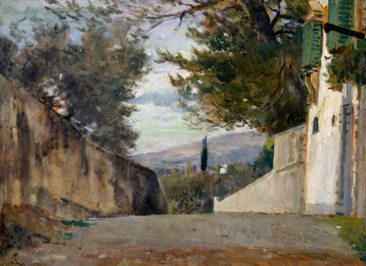 Salita del Pellegrino Firenzessä, Silvestro Lega (1826-1895), öljy paneelille, 24x35 cm, Italia tekijältä Silvestro Lega