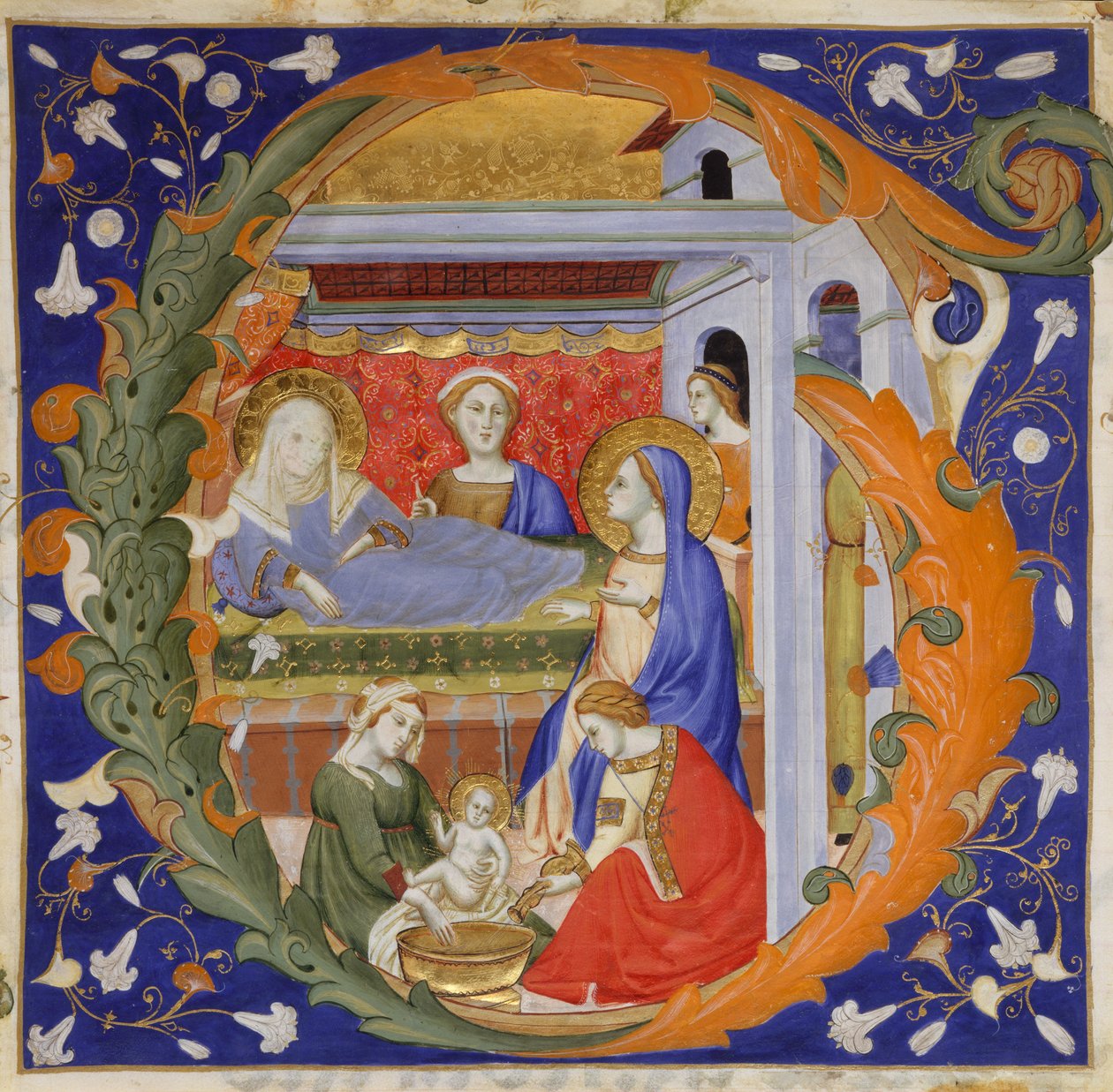 Käsikirjoituksen valaistus Neitsyen syntymällä alkukirjaimella G, asteittaisesta, n. 1375. tekijältä Silvestro dei Gherarducci