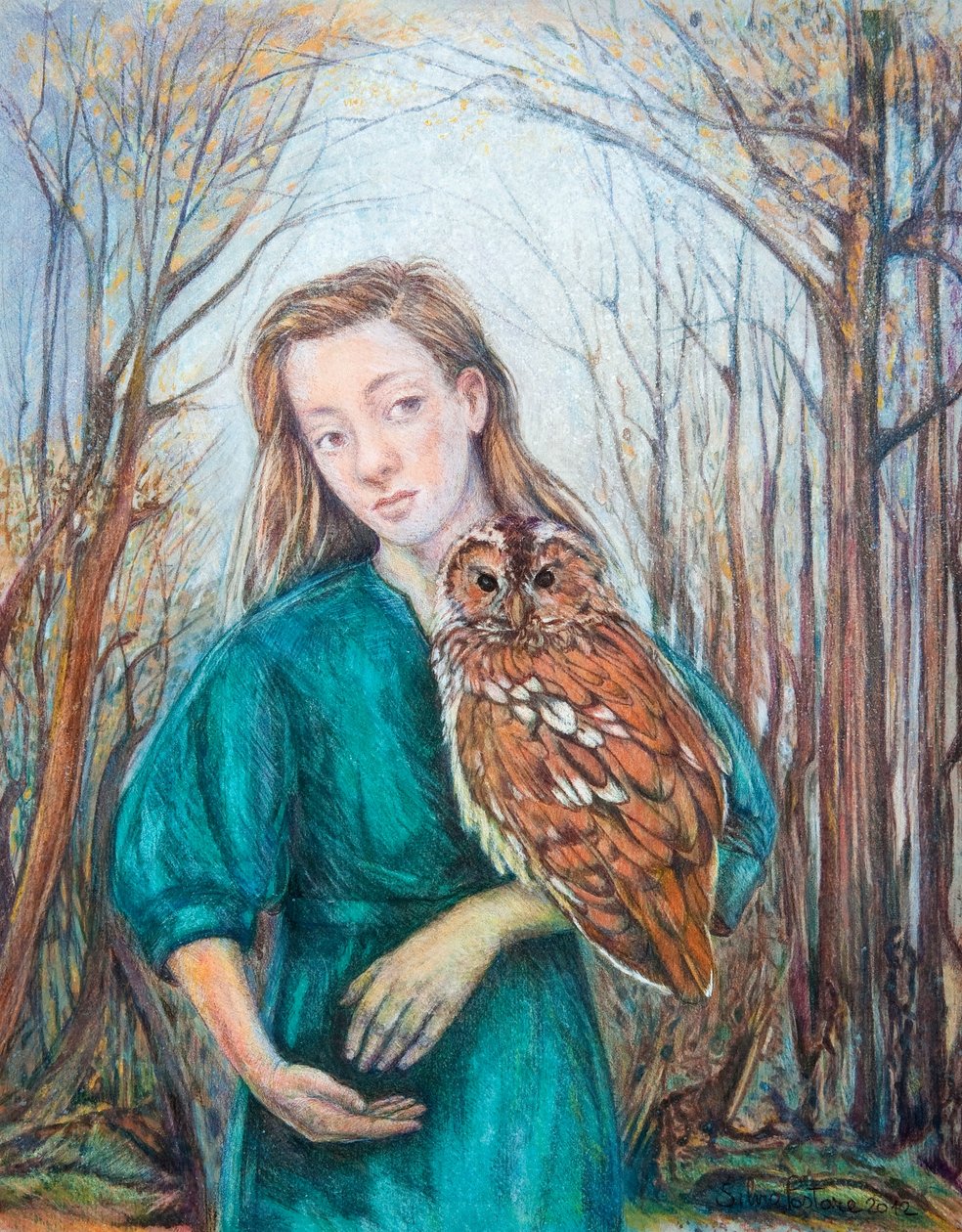 Tyttö pöllön kanssa, 2012 (akvarelli pastelliväreillä) tekijältä Silvia Pastore