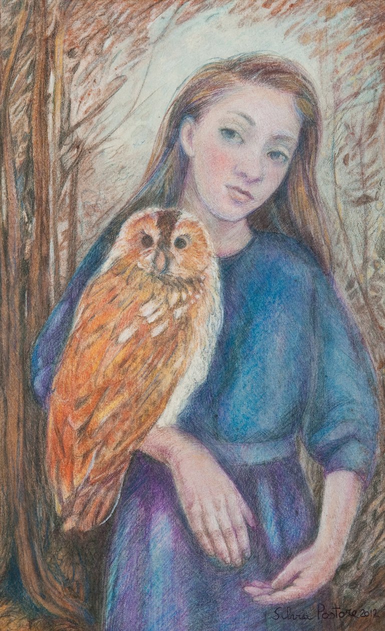 Tyttö pöllön kanssa, 2012 (wc ja pastelli paperille) tekijältä Silvia Pastore