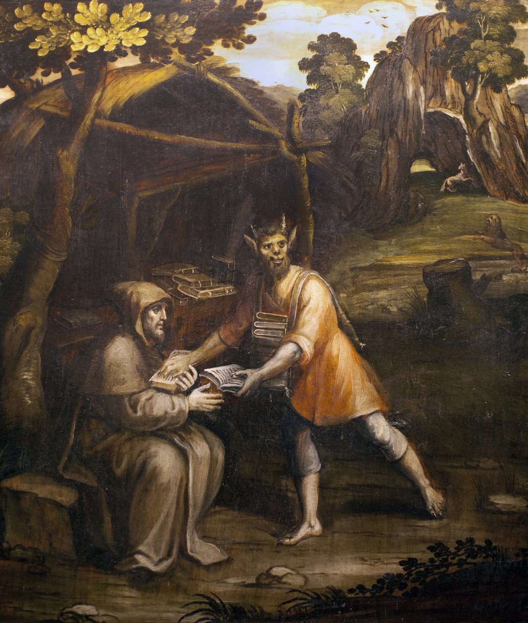 Paholainen ottaa pyhät kirjat ja korvaa ne maallisilla kirjoilla; Simao Rodriguesin maalaus (1560-1629); (Paholainen ottaa pyhät kirjat ja korvaa ne maallisilla kirjoilla; Simao Rodriguesin maalaus tekijältä Simao Rodrigues