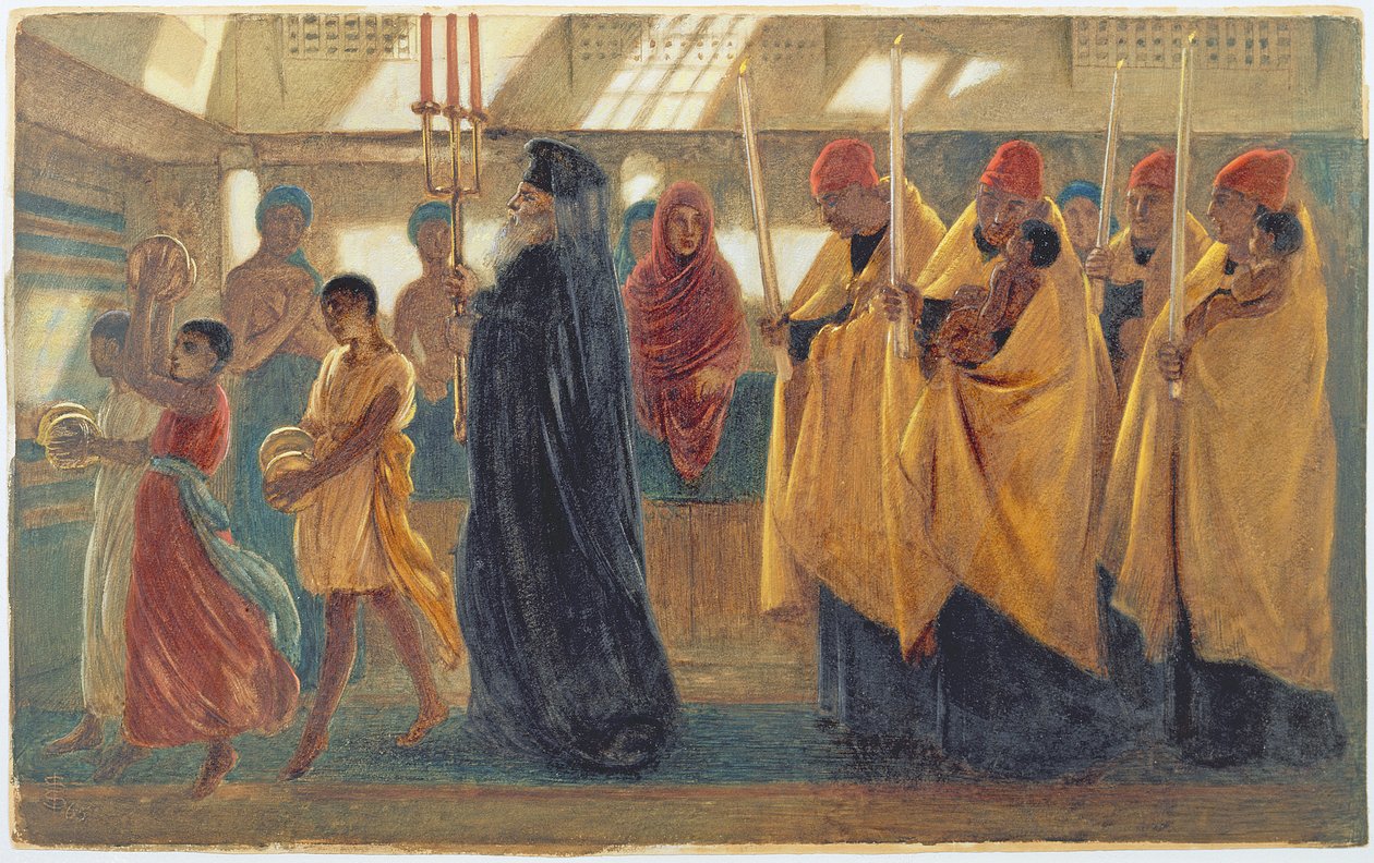 Koptilainen kastekulkue, 1865 (wc, guassi ja arabikumi) tekijältä Simeon Solomon