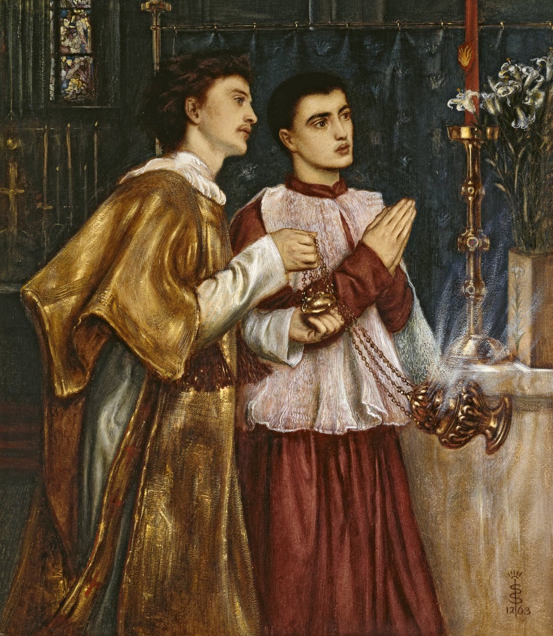 Kaksi akolyyttiä sensuroi: Helluntai (bodycolour paperille kiinnitetty kankaalle). tekijältä Simeon Solomon