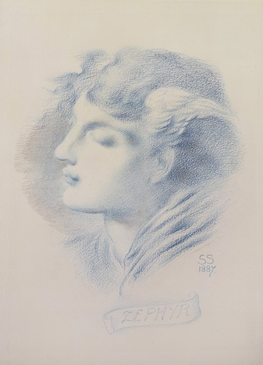 Zephyr, 1887 (sininen värikynä ja kynä paperilla) tekijältä Simeon Solomon