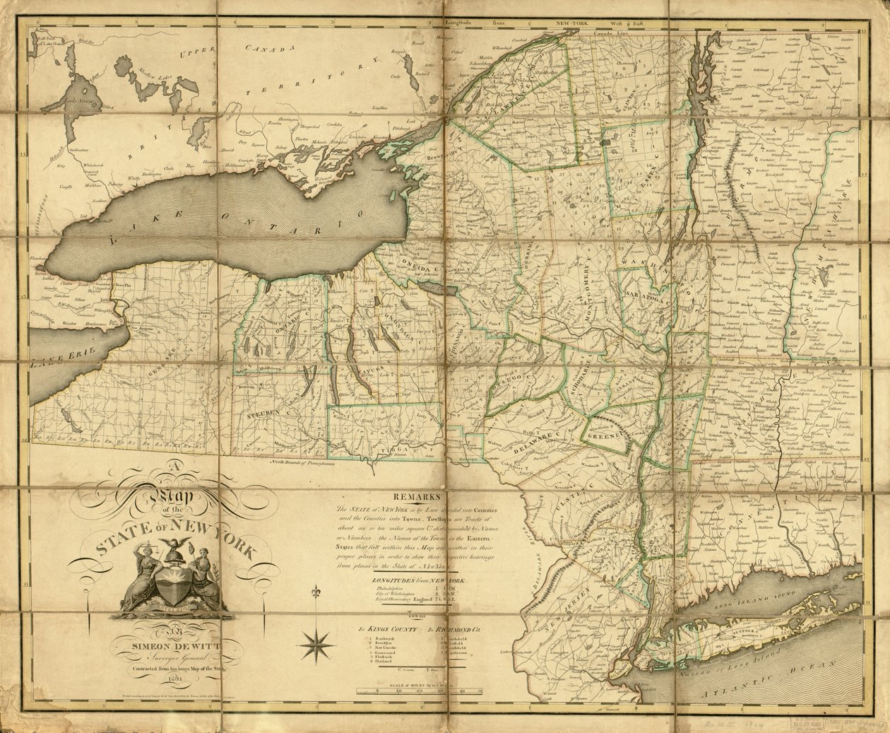 New Yorkin osavaltion kartta. LOC 74696138 tekijältä Simeon De Witt