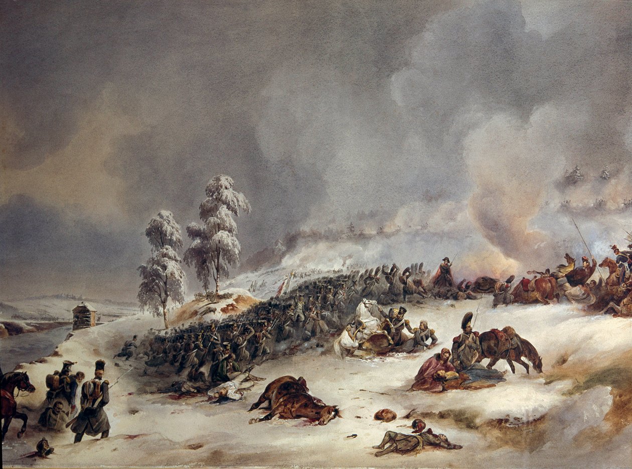 Eläkkeelle Venäjältä vuonna 1812: "" Ricard-divisioona Krasnoen taistelussa 18.11.1812, klo 9." Simeon Fortin akvarellimaalaus (1793-1861) Su. 0,6x0,99 m. tekijältä Simeon Fort