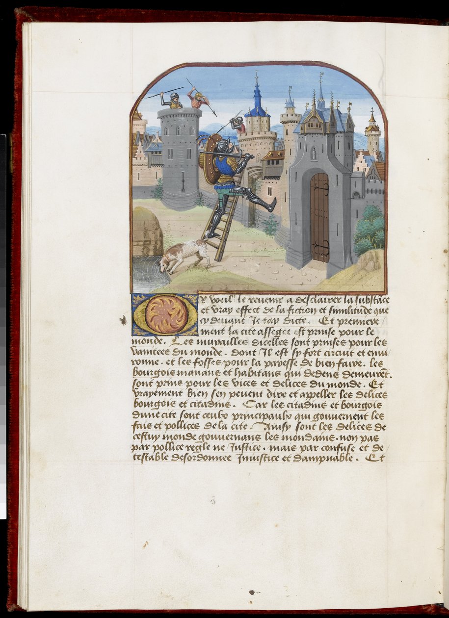 Ms.165 f.51v: Sotilas kilven ja miekan kanssa kiipeämässä tikkaita, Hesdinistä tai Valenciennesista, n. 1465-1468 (pergamentti) tekijältä Simon Marmion