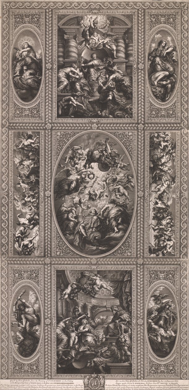 Katon maalauksesta White Hallin juhlatalossa vuonna 1720 tekijältä Simon Gribelin