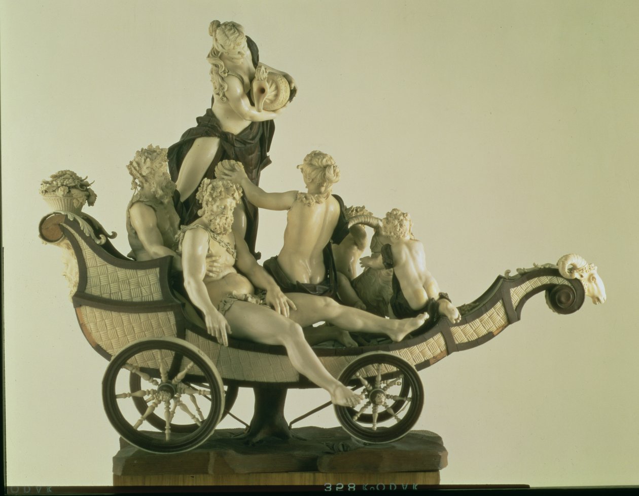 Vaunu Silenuksen kanssa, norsunluuveistos, München, 1700-luvun toinen neljännes (norsunluu ja puu) tekijältä Simon Troger