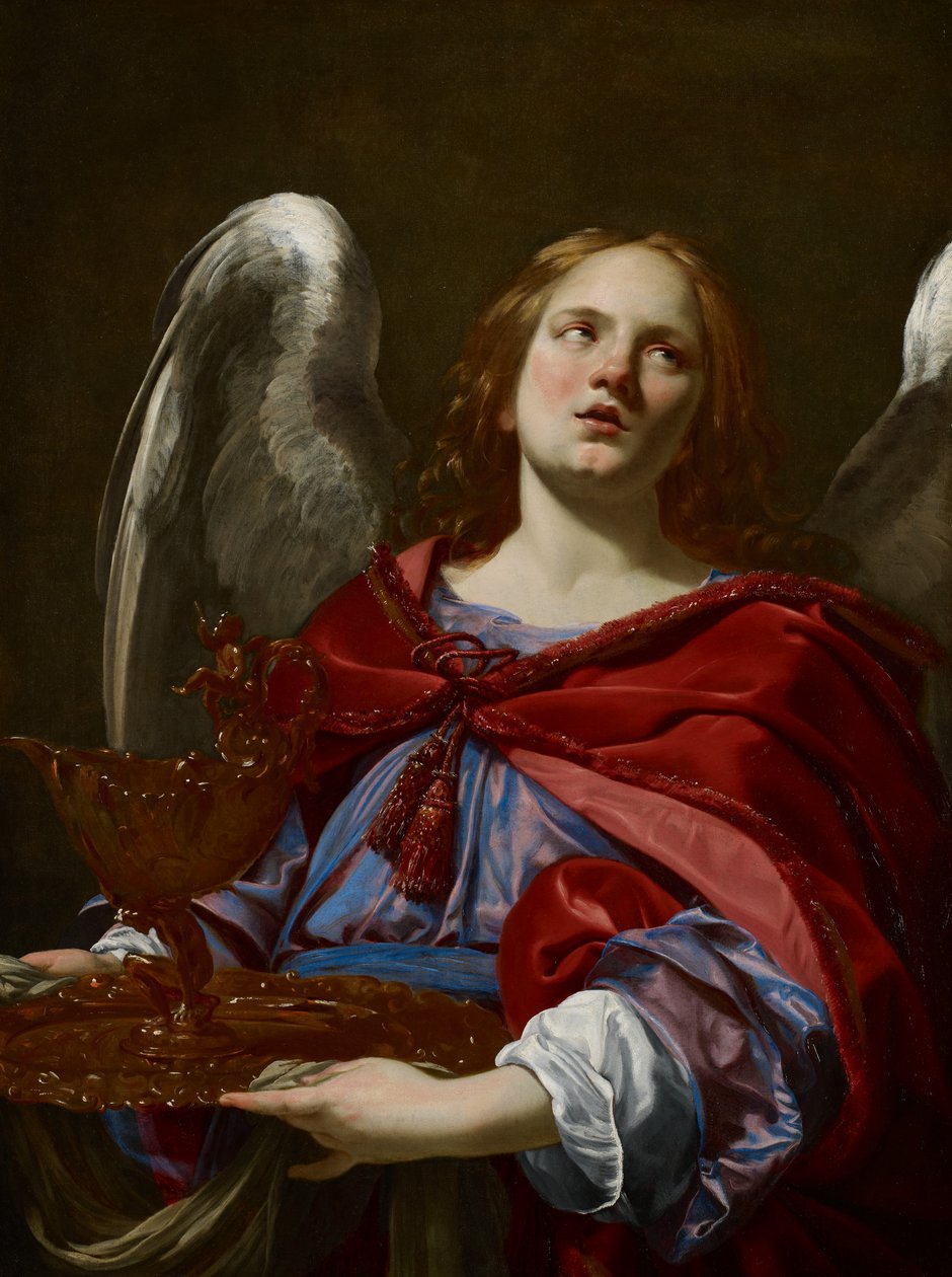 Enkelit, joilla on intohimon ominaisuuksia: Pontius Pilatuksen käsien pesuun tarkoitettua astiaa ja pyyhettä pitelevä enkeli, n. 1624. tekijältä Simon Vouet