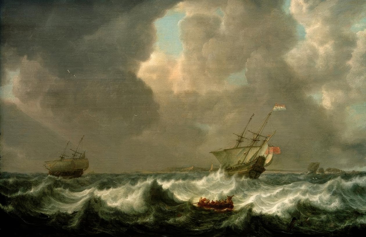Holländische Handelsschiffe auf stürmischer See vor einer F tekijältä Simon de Vlieger