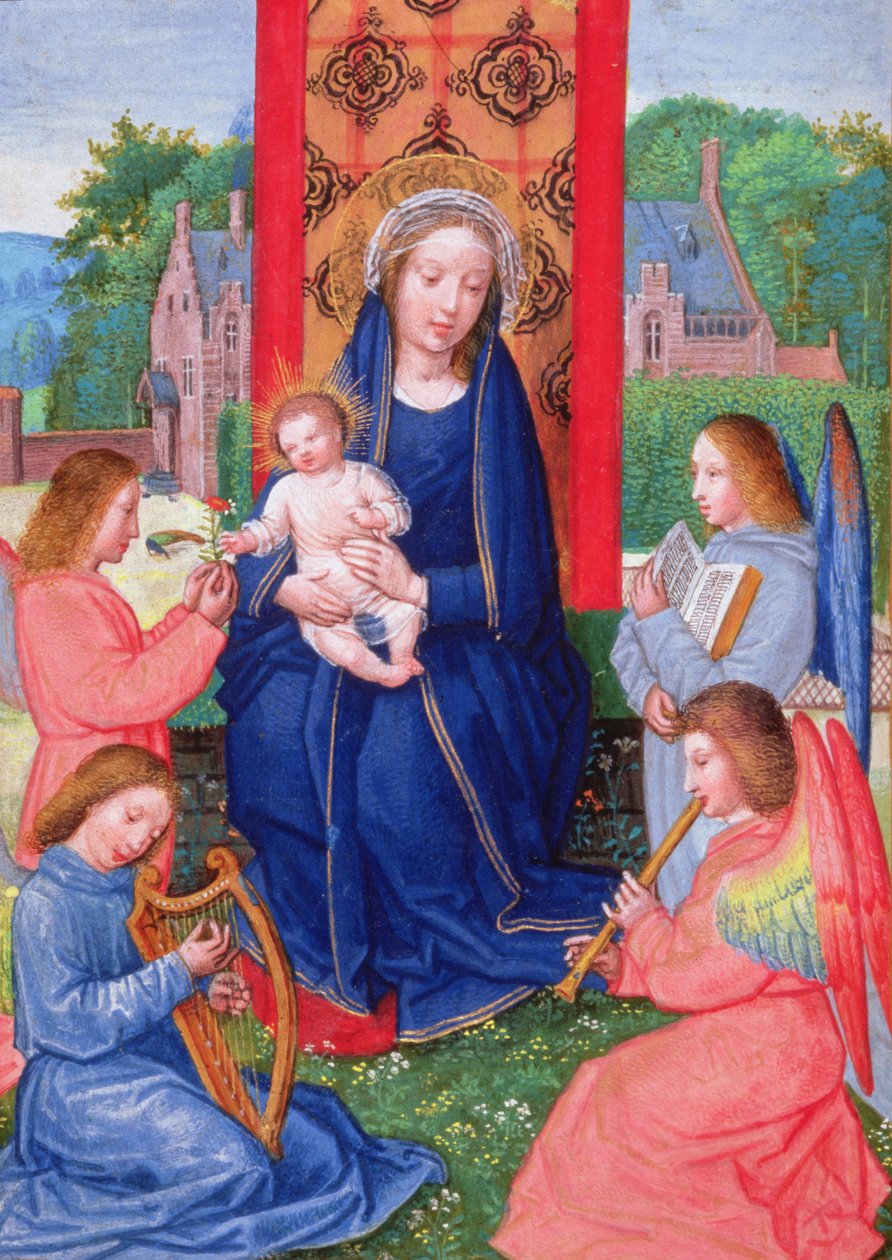 Esim. 2125 f.157v Madonna ja lapsi soittimia soittavien enkelien kanssa, teoksesta Hours of Joanna of Ghistelles, n. 1516 (vellum) tekijältä Simon (attr. to) Bening