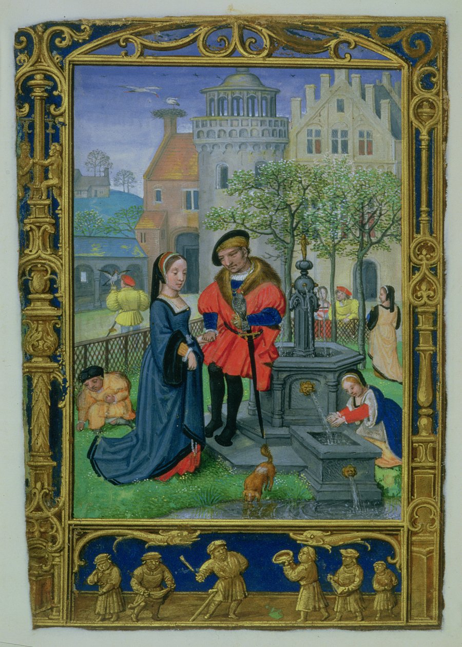Lisää 24098 f.21v April: Courting, Book of Hoursista tai Golf Bookista, n. 1520-30 (vellum) tekijältä Simon (workshop of) Bening