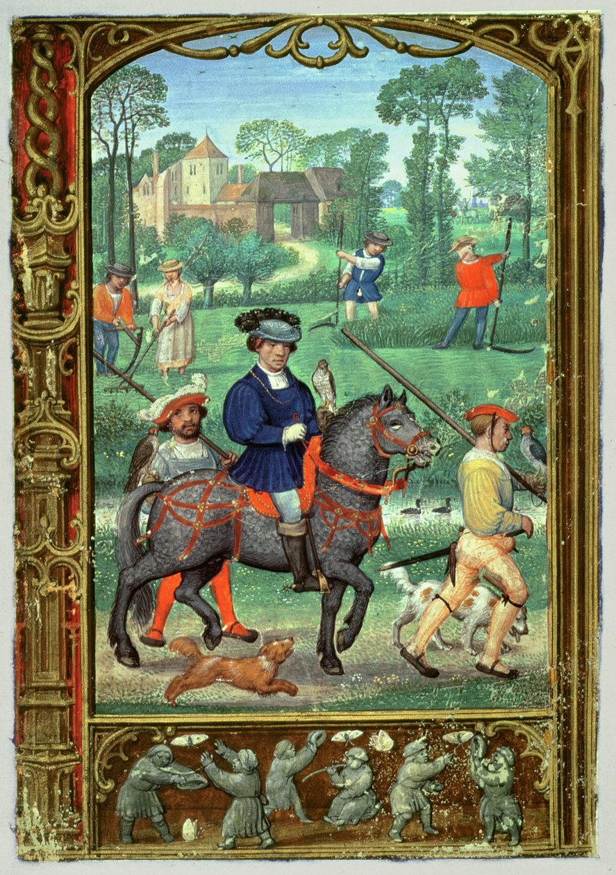Lisää 24098 f.24v Heinäkuu: Haukkametsästys, heinänteko ja perhosten takaa-ajo, Book of Hours tai Golf Book, n.1520-30 (vellum) tekijältä Simon (workshop of) Bening