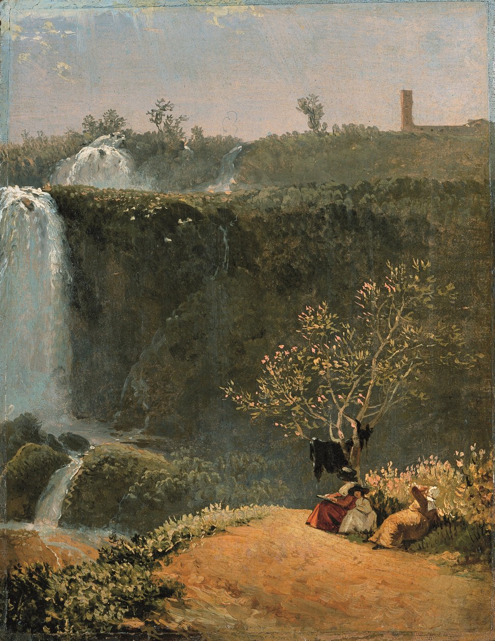 Elisabeth Louise Vigée-Lebrun piirtämässä Tivolin vesiputousta tyttärensä Julien ja hänen kotiopettajattarensa kanssa (öljy paperille ja kankaalle kiinnitettynä)). tekijältä Simon Alexandre Clément Denis