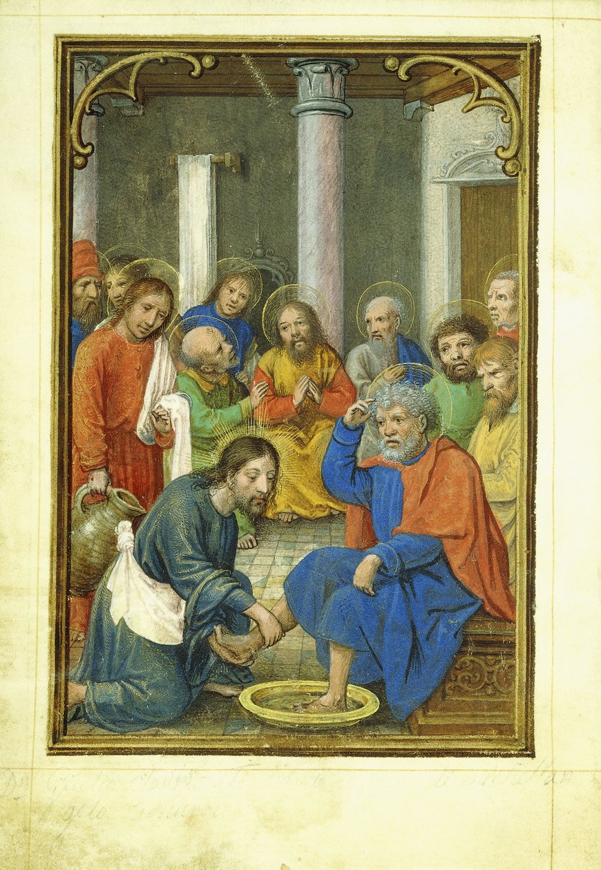 Kristus pesee Pietarin jalkoja 1520-luvulla tekijältä Simon Bening