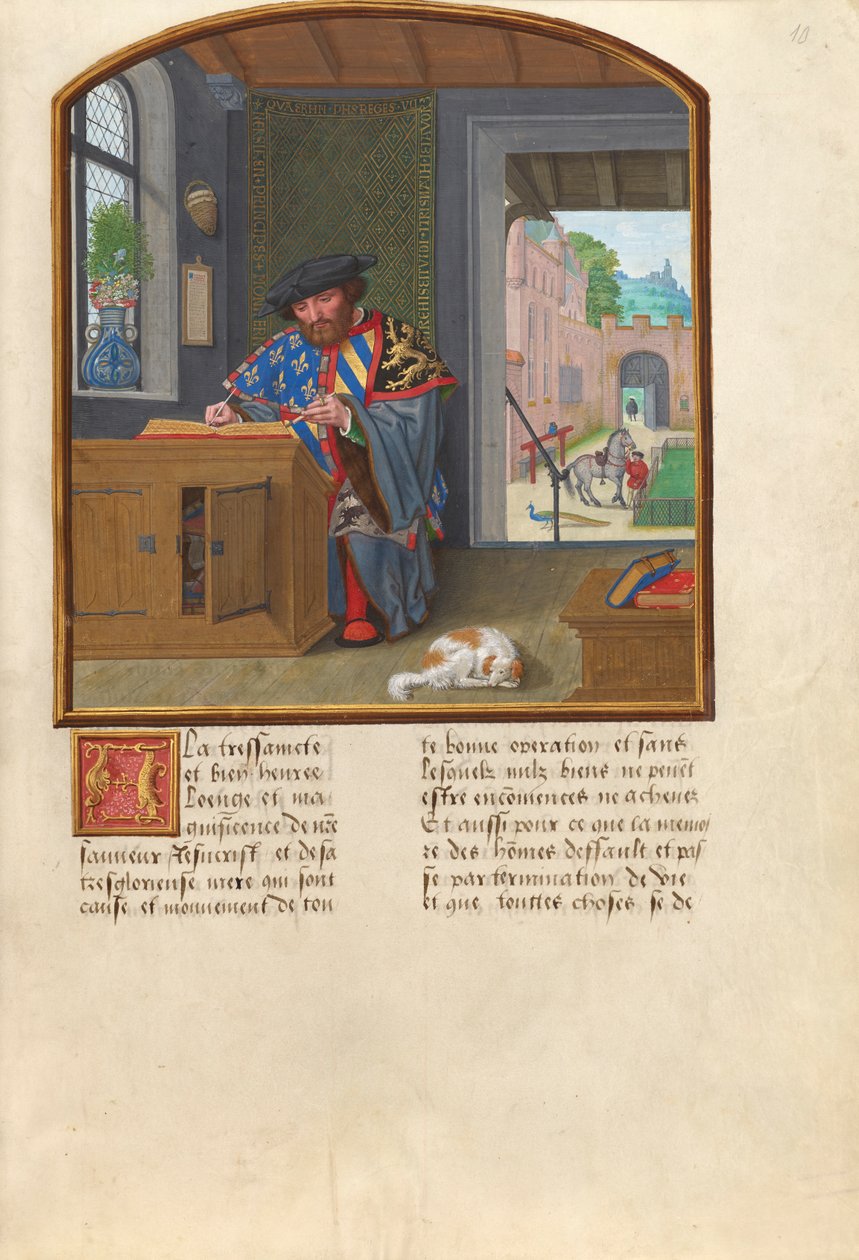 Golden Fleece -ritarikunnan aseiden kuningas Kirjoittaa Jacques de Lalaingista, n. 1530-1540 (tempera, kultalehti ja muste pergamentilla) tekijältä Simon Bening