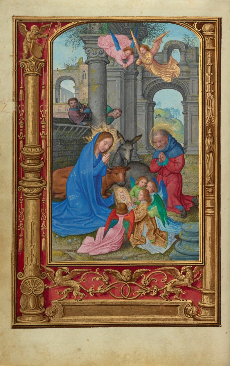 Syntymä, n. 1525-30 (tempera, kultamaali ja lehti pergamentilla) tekijältä Simon Bening