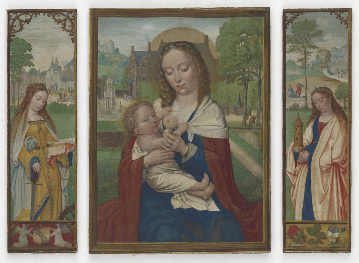 Neitsyt ja lapsi; Pyhät Katariina ja Barbara, n. 1520 (tempera perunakalvolla) tekijältä Simon Bening